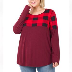 Zenana Buffalo Plaid colorblock women’s long sleeve soft & sexy T-shirt